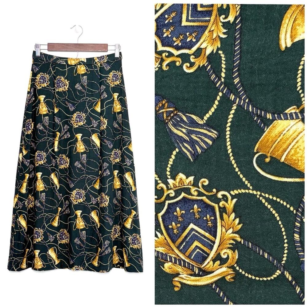 VTG Pendleton Trophy Midi Skirt 8P Green Gold Preppy Equestrian Money Academia